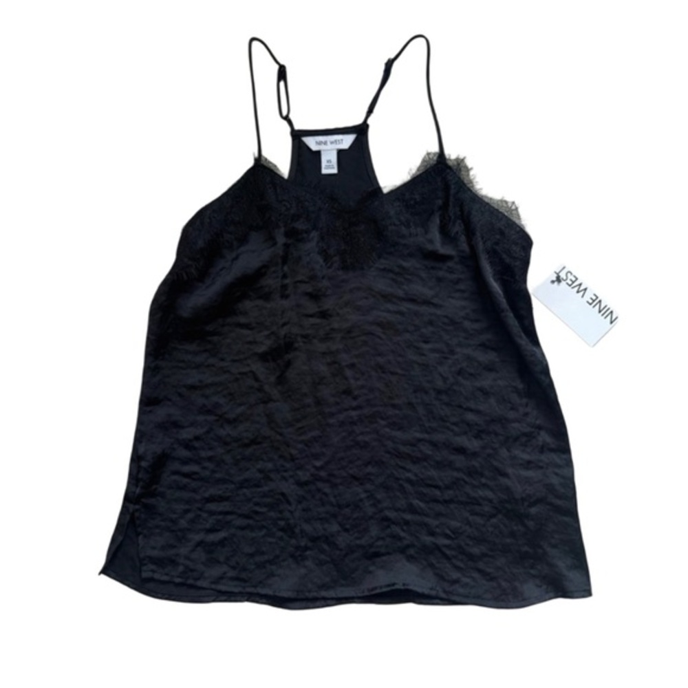 Nine West Elegant Crinkle Black Cami with Lace Detail